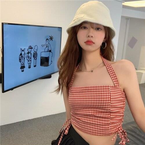 Tank Top Women Backless Halter Camis Summer Plaid Spaghetti Strap Crop Tops Sexy Club Fashion Brand Ladies Tees Slim New