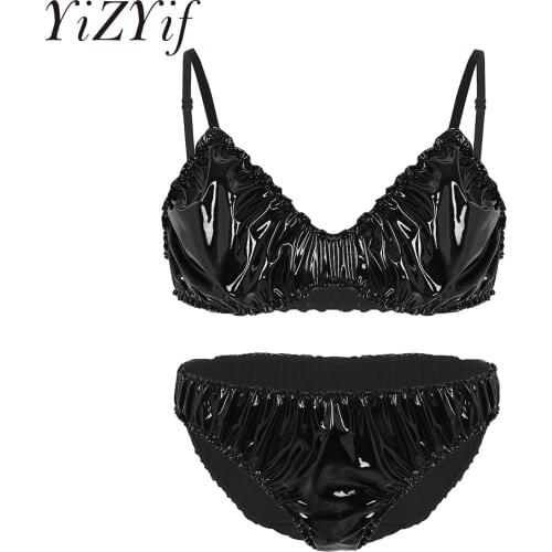 YiZYiF Men Sissy Underwear Gay Fetish Wetlook Ruffled Bra Top with Briefs Men Shiny bralette panties Set funwear Sissy Lingerie