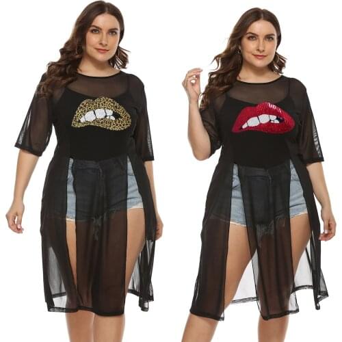 Lips Stickers Sexy See-through Mesh Long Blouse Sexy Dress for Sex Lingerie Femme Sexy Erotique Porno Extreme Slutty Clothes