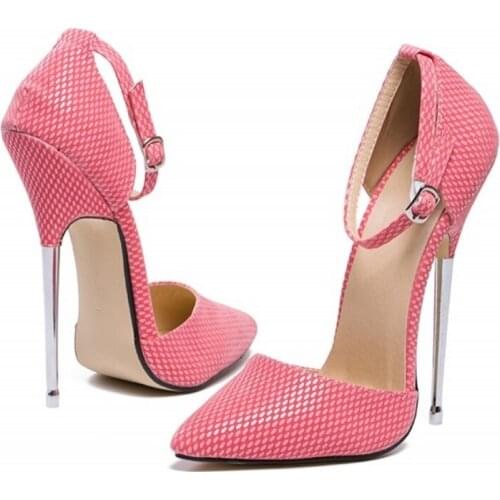 2019 New Pointed Metal Stiletto High Heel Sexy Runway Pumps Women Shoes Plus Size 46 Snake Print Buckle Pink Office Party Shoes