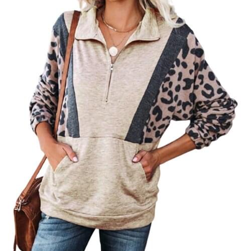 2021 Autumn And Winter Fashion Drawstring Long-sleeved Womens Pullover Loose Stitching Top Lapel Leopard Print Sweater Women