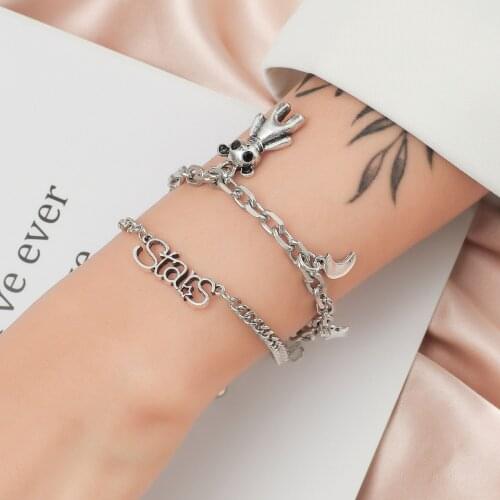 QiLuxy Double Chain Bear Moon Star Letter Charm Bracelets Fashion Cute Women Girl Bracelets Female Jewelry Gift