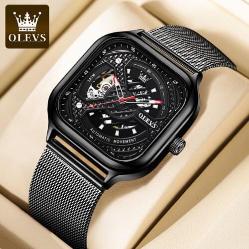 OLEVS 2021 Luxury Automatic Mens Hollow Mechanical Watch Fashion Perspective Square Mens Watch Trendy Mens Watch Montre Homme