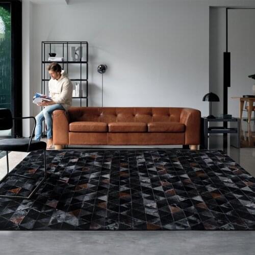 American style luxury cowhide patch work rug, natural black color cow skin fur carpet for living room decoration fur mat