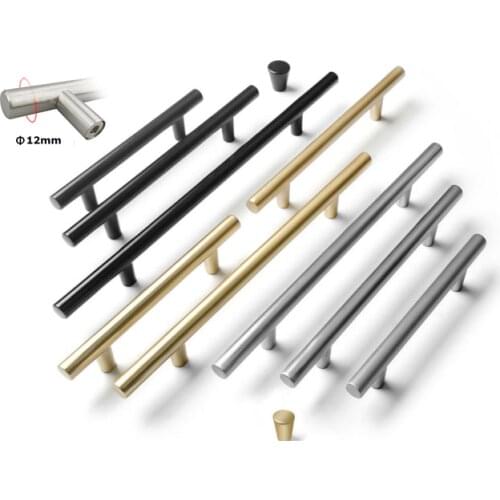 Cabinet Handles 12mm Caliber Modern Black Gold Straight Cupboard Handles Knobs Stainless Steel Brushed Black Gold Kitchen Door