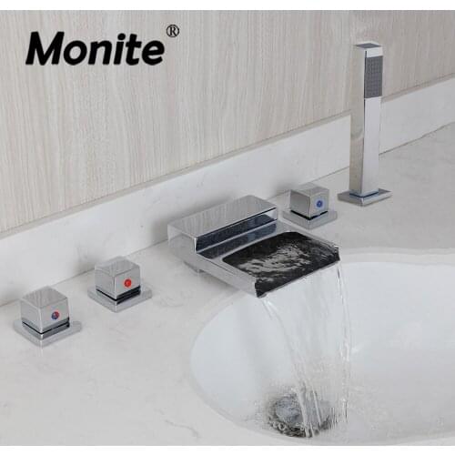Monite Solid Brass 5 Pcs Bathtub Sink Faucet Chrome Polished Bathroom Basin Hand Shower Faucet Set Deck Mounted Hot & Cold Mixer