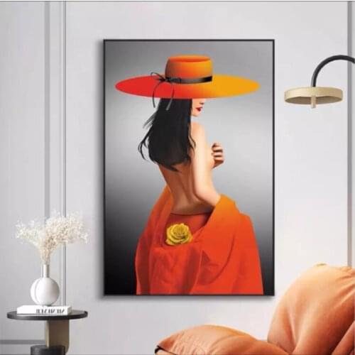 Modern Abstract Sexy Orange Big Hat Woman Posters and Prints Canvas Paintings Wall Art Pictures for Living Room Decor (No Frame)