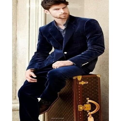 Notch Lapel Navy Blue Velvet Men Suit Slim Fit Tuxedos 2018 Fashion Suits Blazer With Pants Dinner Prom Suits (Jacket+Pants+Bow)