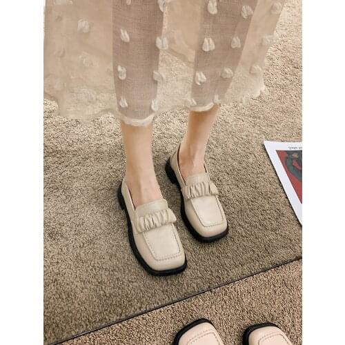 Womens Shoes Leather Shoes 2021 Spring and Autumn New Fashion Retro Square Toe Thick and Low-heeled Non-slip Loafers