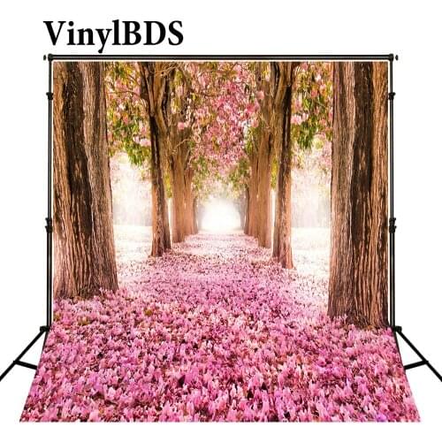 VinylBDS 8x8ft Spring Nature Street Backdrops Pink Flowers Photography Backdrop Outdoor Scenery Wedding Photo for Studio