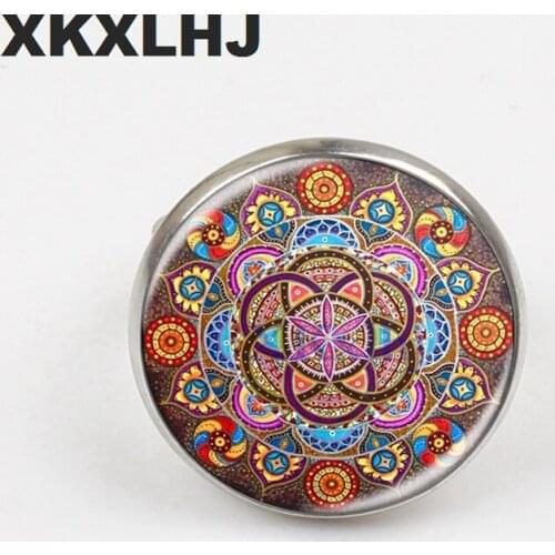 XKXLHJ New Mandala Ring Chakra OM Jewelry Lady Glass Round Ring Zen Gift Jewelry Retro