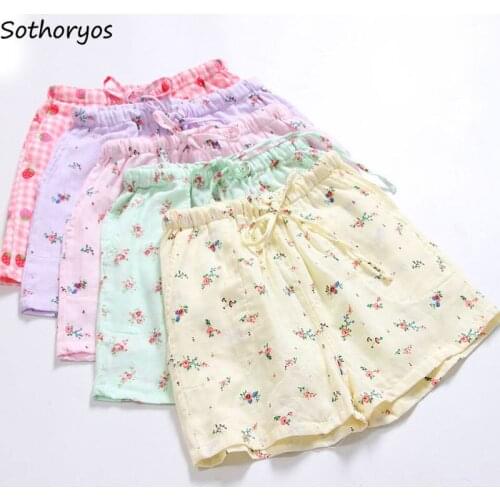 Sleep Bottoms Women Floral Printed Cotton Gauze Drawstring Kawaii Loose Female Sleepwear Trousers Elastic Waist Casual Daily