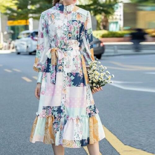 QUALITY New HIGH 2021 Fashion Designer Runway Dress Womens Stand Collar Long Sleeve Ruffles Sashes Floral Print shirt Dress