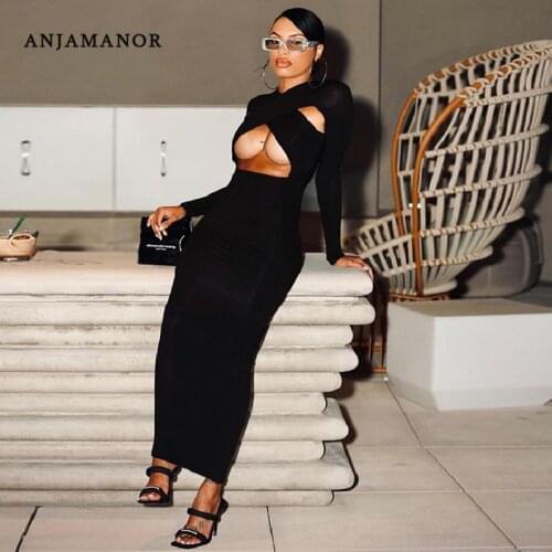 ANJAMANOR Sexy Cross Hollow Out Long Sleeve Maxi Dresses for Women Party Club Outfits Black White Bodycon Dress D85-CF27