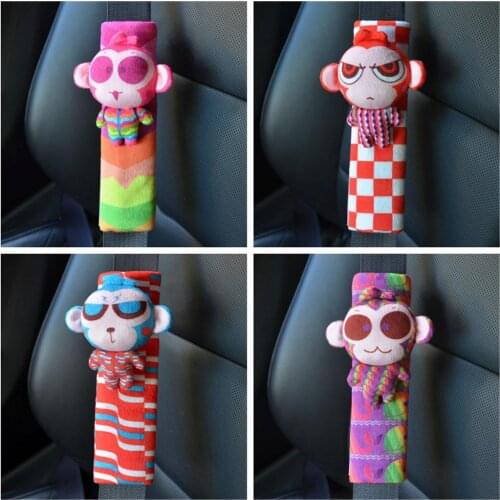 1pair funny expression cartoon rainbow monkey plush car safety belt cover seat belts case vehicle-mounted stuffed toy