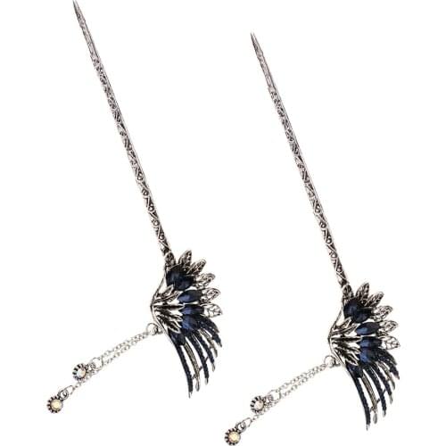 2Pcs Diamante Beaded Dangle Hair Stick Chopstick Hairpin Chignon Pin Tassel