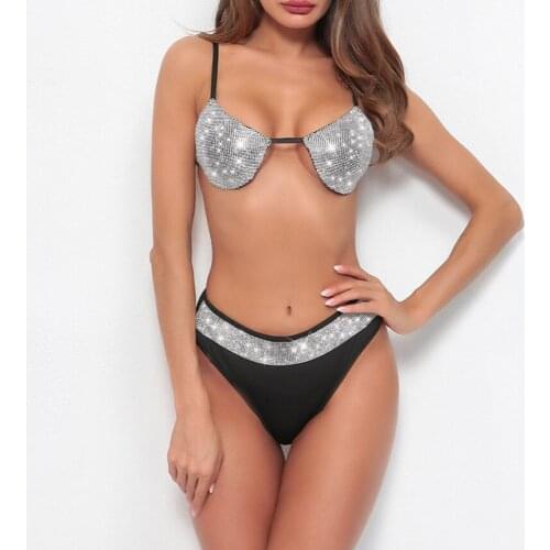 2021 New Rhinestone Bandeau Sexy Bikini Tanga Set Crystal Bikinis Women Swimsuit Push Up Swimwear Bathing Suit