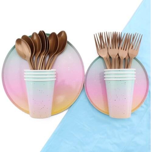 45Pc/Set Gradient Round Shape Theme Disposable Tableware Birthday Decoration Baby Shower Napkin Plates Tablecloth Party Supplies