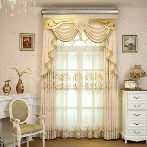 Beige luxury villa embroidered blackout curtains for living room windows high quality chenille bedroom custom finished curtains