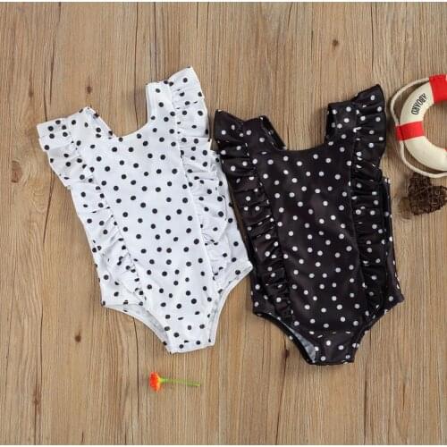 Kids Little Girls One-piece Swimsuit Summer Children Fashionable Black/White Wave Point Sleeveless Swimwear Beachwear