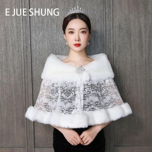E JUE SHUNG Winter Wedding Cape Lace Warm Faux Fur Wrap Bridal Bolero Petal Wave Edge Short Cloak