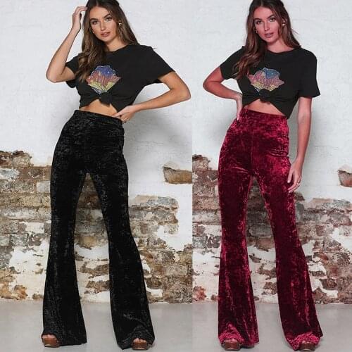 Korean Vintage Velvet Long Flare Pants Women Sexy High Waist Trousers Lady Casual Velour Red Black Bell Bottom Pants Streetwear