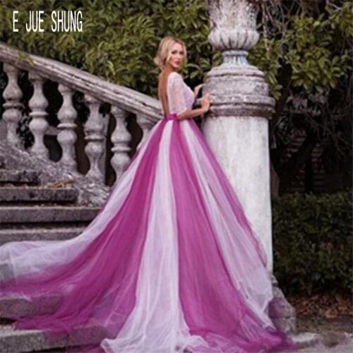 E JUE SHUNG Colorful Wedding Dresses Off Shoulder Half Sleeves Backless White and Purple Tulle Skirt Wedding Gown robe de mariee
