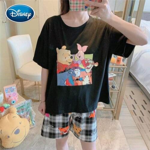 Disney Girl cartoon Mickey Minnie duck bear print summer loose short-sleeved shorts thin pajamas suit Harajuku style clothes