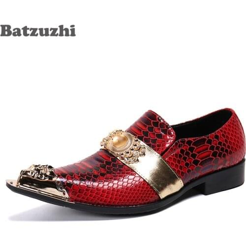 Batzuzhi Genuine Leather Dress Shoes Men Luxury Handmade Mens Shoes Gold Metal Toe Red Party and Wedding Zapatos Hombre, US6-12
