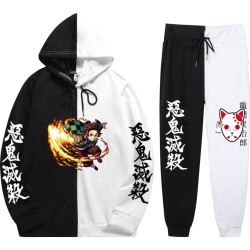 New Mens 2 Pieces Sets Anime Harajuku Demon Slayer Tanjiro Print Patchwork Thin Hoodie+PatchworkPants Summer Sweatshirt