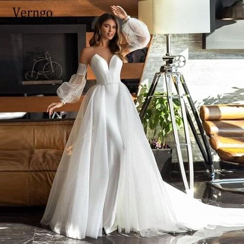 Verngo New Removable Puff Sleeves Wedding Dress Detachable Overksirt Dot Tulle Sheer Neck Modern Bridal Gowns Robe de mariee