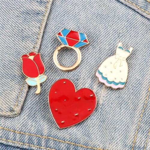 Cartoon Heart Rose Brooches Creative Skirt Ring Enamel Pins Custom Metal Badge Denim Lapel Fashion Jewelry Gifts For Lover Girls