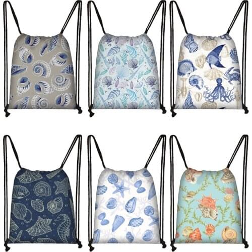Sea Conch Drawing Print Drawstring Bag Women Storage Bag Boys Girls Casual Fish starfish Pattern Travel Bags Bookbag Gift
