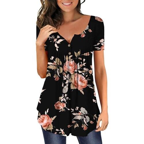 Plus Size Womens Tops And Blouses Womens Summer Flower Print Short-sleeved Loose O-neck A-line Swing Top Camisas De Mujer