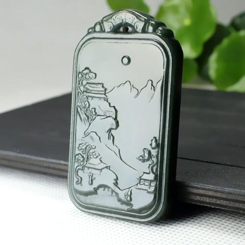 Wonderful Bottle Green Jade Pendant Hand Carven landscape paint Amulet Hanging Necklace