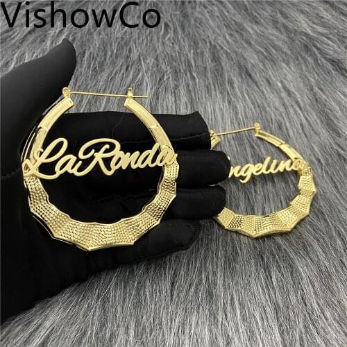 VishowCo Hiphop Sexy Custom Bamboo Hoop Earring Personalized Name Earring 3D Bamboo Style Custom Earrings for Christmas Gift