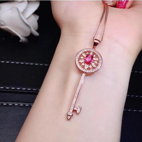 Attractive natural red topaz key chain necklace for women silver shiny jewelry 925 sterling silver red gem girl birthday gift