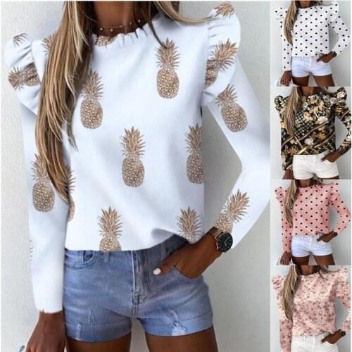 Buttons Long Sleeve Shirts Women Casual Plus Size O-Neck Long Sleeve Flower Letter Pineapple Print Top