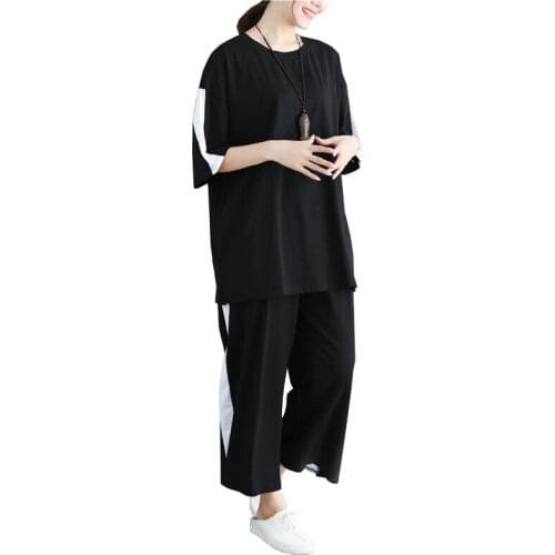 2020 Oversize Summer Women Two-piece set Loose Short sleeves T-shirt Top and Elastic waist Wide leg Pants Casual Suit 5XL G867