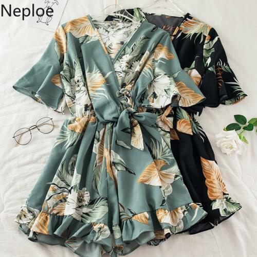 Neploe Sexy Jumpsuit Women Chiffon Rompers Printed V-neck Short Sleeve Elastic Waist Lace-up Bodysuit Wide-Leg Short Pants