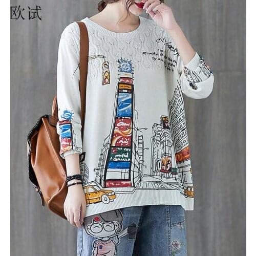 Knitted Winter Print Ladies Pullovers Korean Sweaters Women Vintage Loose Sweater Jumper Tops Casual Sueter Feminino 2021