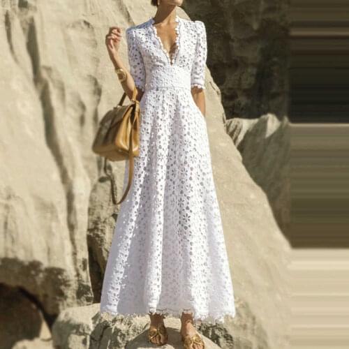 Wenfly Female New White Elegance Long Summer Dress V-Neck Half Sleeve Hollow Out Women Dresses Sweet Streetwear