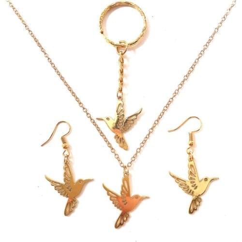Gold color humming bird jewelry set golden animal jewellery set necklace earrings keychain link chain women fashion party gift