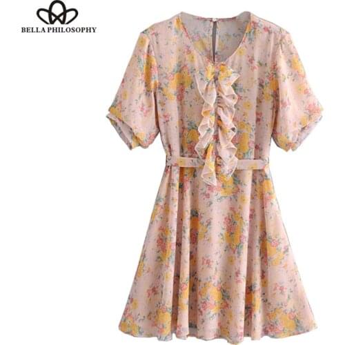 Bella Philosophy Summer Womens Flower Print Dress with Belt Mini Dress Female Vestidos ruffles v-neck lace up ladies dress