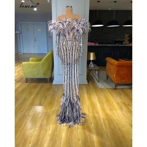 Robe De Soiree Crystals Beading Evening Dresses 2020 Long Illusion Feathers Prom Dresses With Sleeves Elegant Celebrity Dresses