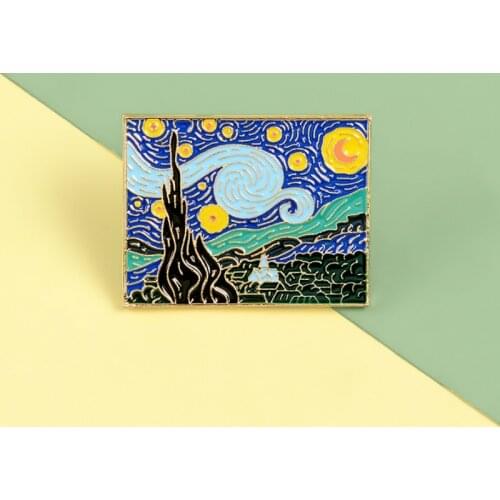 Van Gogh Starry Night Painting Enamel Lapel Pin,Multi, 2 x 3cm