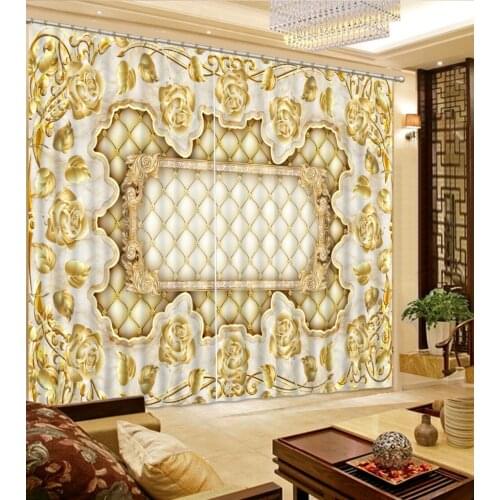 Golden curtains Flowers print Chinese Customized 3D Blackout Curtains Living Room Bedroom Hotel Window