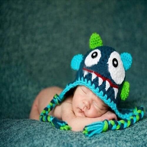 Creative cute cartoon design infant baby boys girls crochet handmade knitted hat with ear flap monster cap 1 pcs