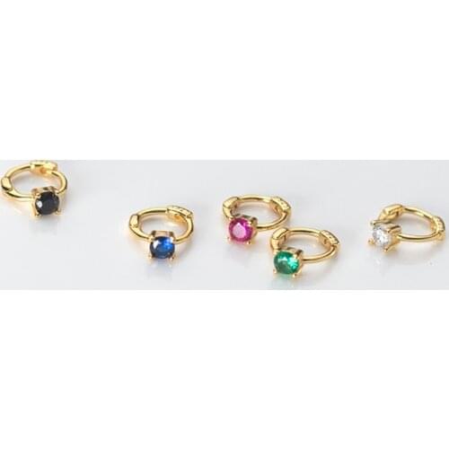 18K Gold 5mm Real. 925 Sterling Silver jewelry Piercing Solitaire Colored CZ Circle Ear-bone hoop huggie Earrings C-G9564