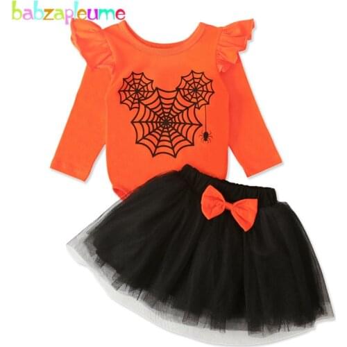 2020 Baby Girl Clothing Set Newborn Halloween Outfit Long Sleeve Print Cotton Bodysuit+Lace Black Bow Skirt Toddler Clothes 1949